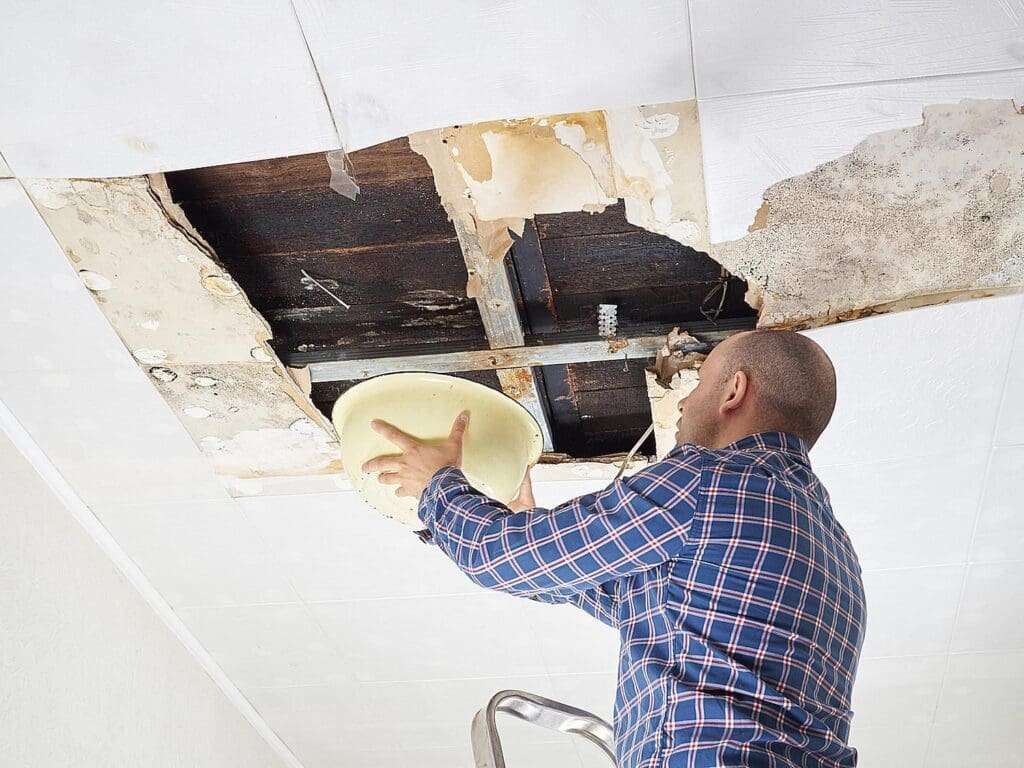 a man cleaning mold inside ceiling