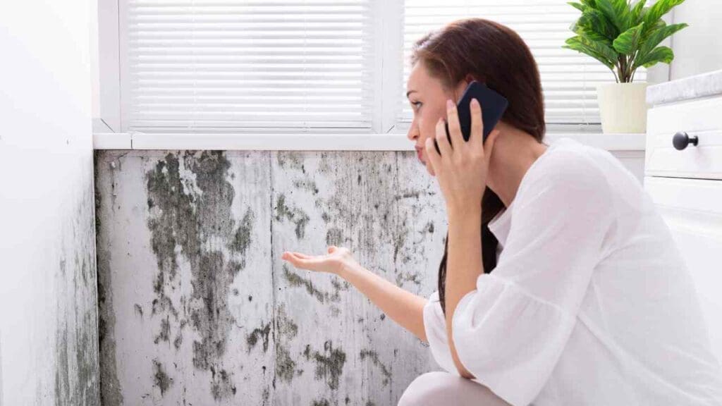 a woman pointing her hand to a wall with mold, seems like she is calling to a mold removal company after seeing mold on her wall under the window.