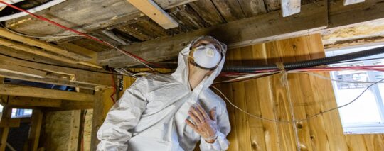 a person is inspecting mold under the wooden roof.