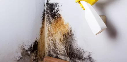 spraying mold removal solution on mold in a corner of wall.