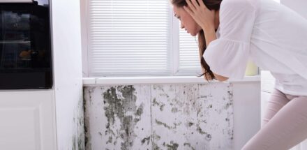 woman looking worried seeing mold on wall under a window.